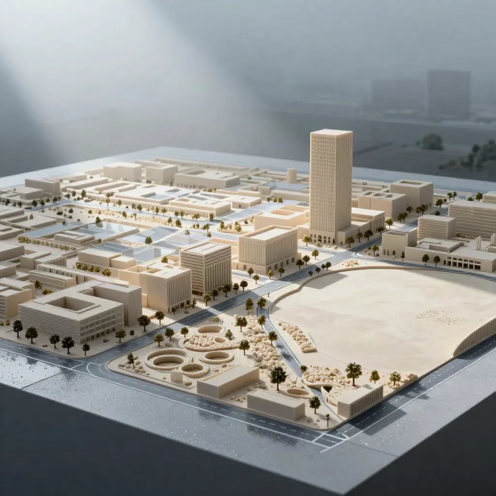 Masterplan urbano in miniatura con rilievi, strade e luci dell’alba dopo la pioggia
