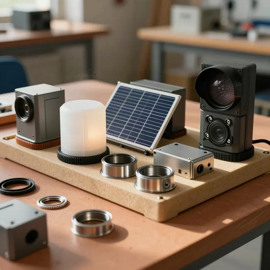 Kit smart city con sensori, beacon pedonale e moduli hub su banco artigianale.