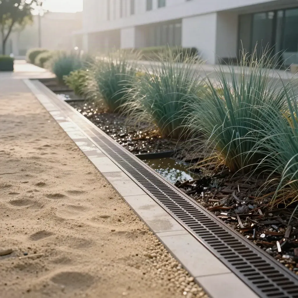 Bioswale dopo la pioggia con pavimentazione drenante, griglie di scolo e vegetazione umida.