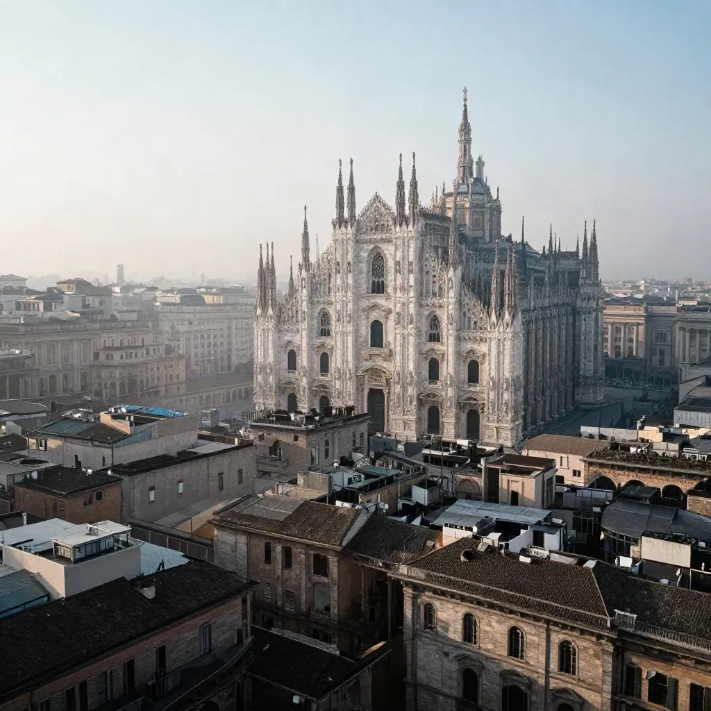 Panorama di Milano all’alba con guglie del Duomo e pianura lombarda nella nebbia.