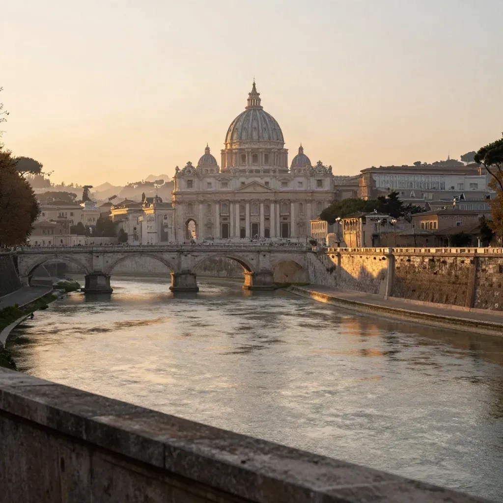 Panorama di Roma e colline del Lazio al tramonto, con foschia dorata e spazio calmo per il testo.
